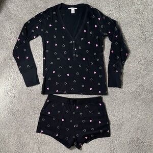 Victoria's Secret Black Pajama Set with Pink Hearts
